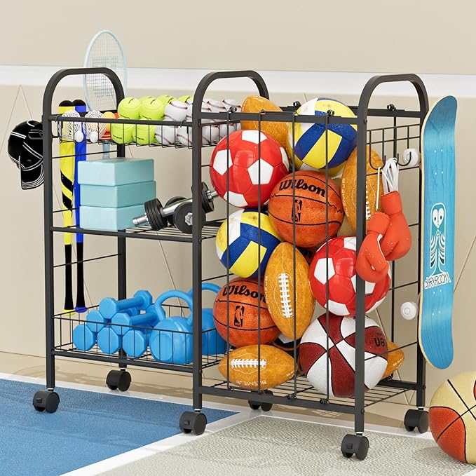 NEYCIL Ball Storage Rack, Sports Ball Storage Cart with 6 Wheels, Elastic Strap, Removable Basket, Hooks, Sports Equipment Organizer For Garage, Children's Room, Court, School, Small Gym, Outdoor