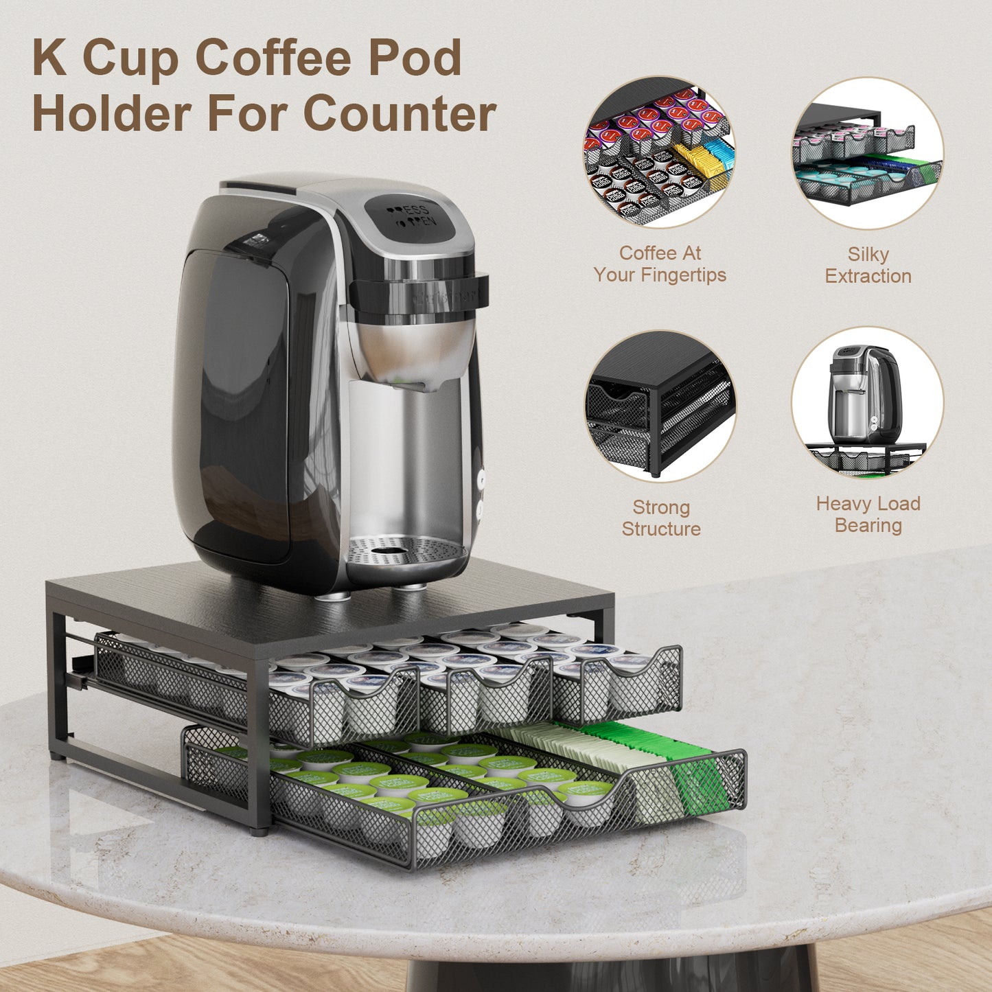 NEYCIL Coffee Pod Holder For Counter, 3 Pull-Out 72 K-Cup Holder Drawer, Wooden Cafe Pods Storage Organizer with Sliding Drawers for Coffee Station, Home, Kitchen, Office, Dorm, Black