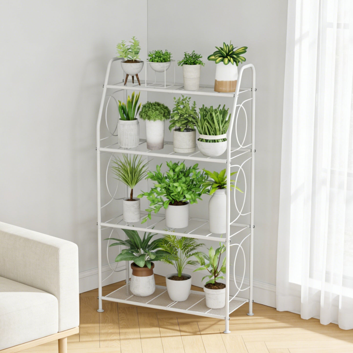 VyGrow Plant Stand, 4 Tier Plant Shelf for Indoor Outdoor, Heavy Duty Metal Tall Plant Stands Holder Rack for Living Room Balcony and Garden, White