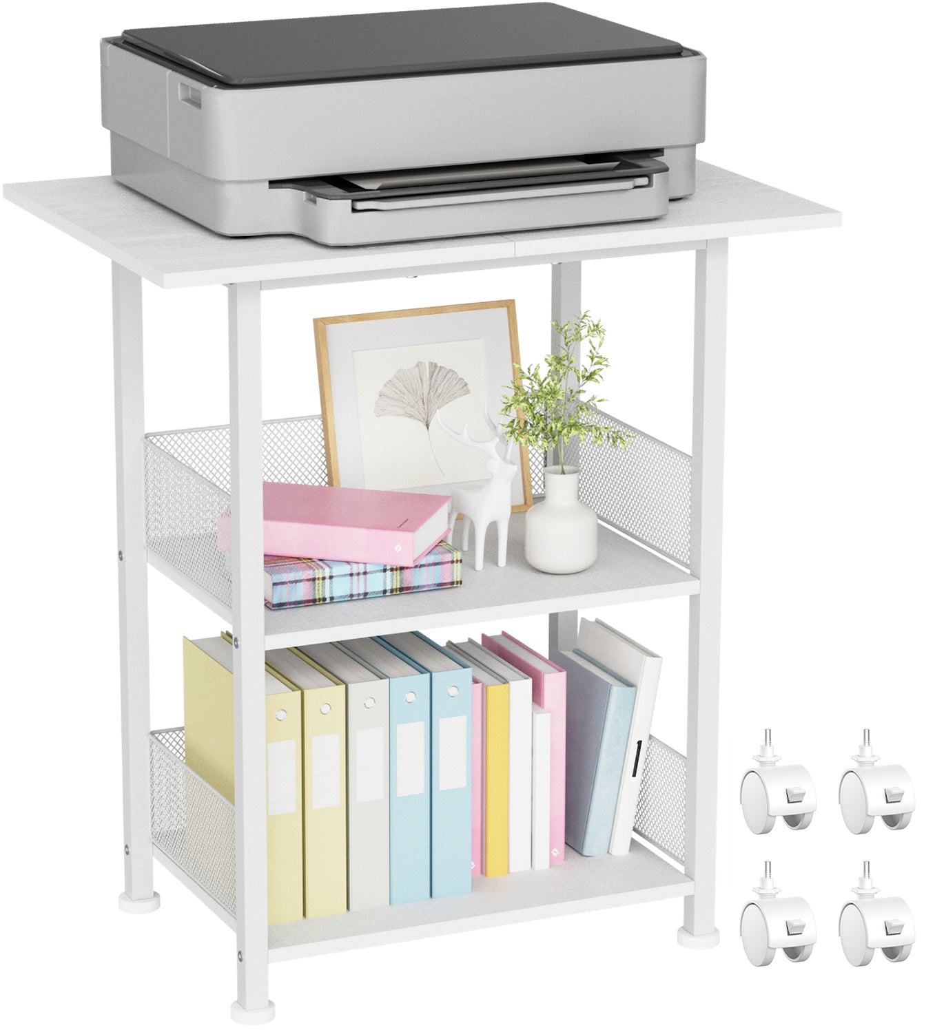 Printer Stand, 3-Tier Industrial Large Printer Table with Shelf, 23"x15" Mobile Heavy Duty Storage Rack on Wheels for Home Office Printer Fax Machine Scanner Copier, White