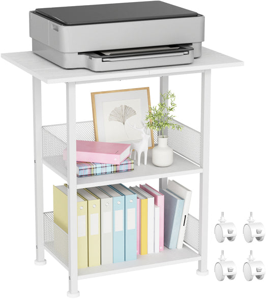 Printer Stand, 3-Tier Industrial Large Printer Table with Shelf, 23"x15" Mobile Heavy Duty Storage Rack on Wheels for Home Office Printer Fax Machine Scanner Copier, White