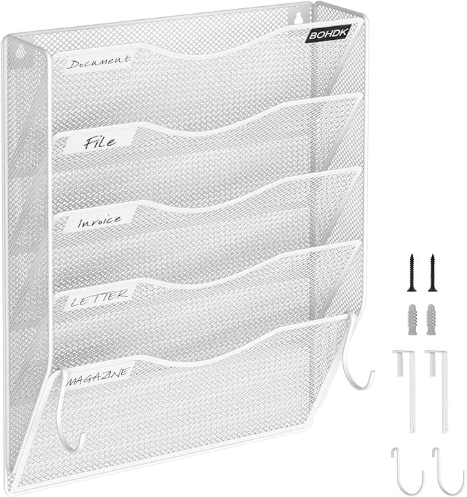 BOHDK Wall File Organizer, 5 Tire Hanging File Folder Organizer, Vertical Mesh Metal Door/Wall Mount Hanging File Holder, Paper Document Magazine Rack with Hooks for Home Office White