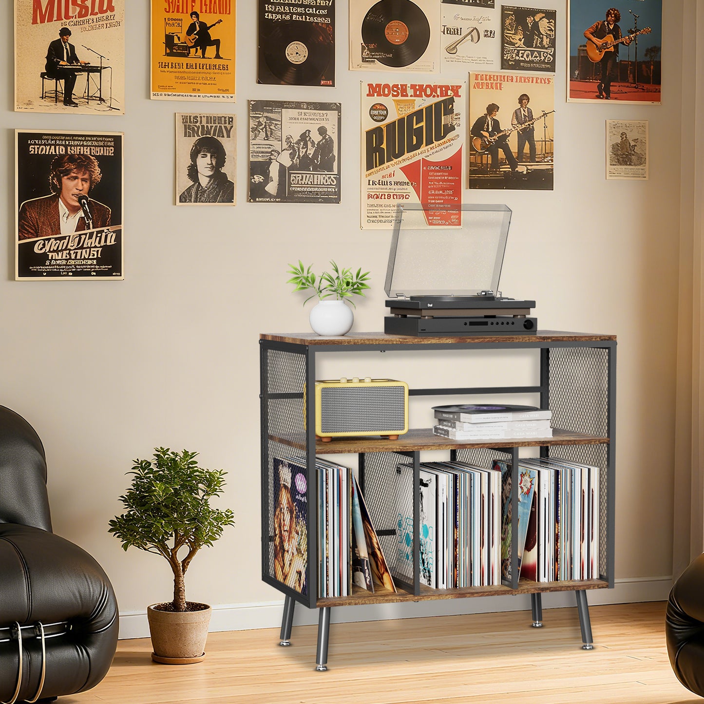 VyGrow Record Player Stand with Vinyl Storage, 3-tier Turntable Stand Holds Up to 220+ Albums, Large Record Player Table Storage Rack for Home Office