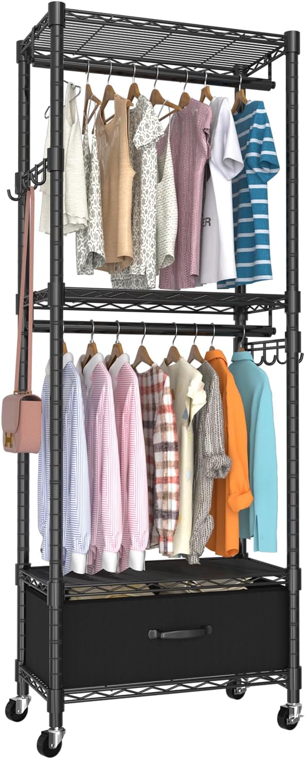 VyGrow Clothes Rack, Clothing Rack for Hanging Clothes, Kids Clothes Rack, 4 Tiers Adjustable Closet Organizer with Drawer | Double Rods | Side Hooks | Load 445lbs | ‎13.18" D x 23" W x 78.74" H