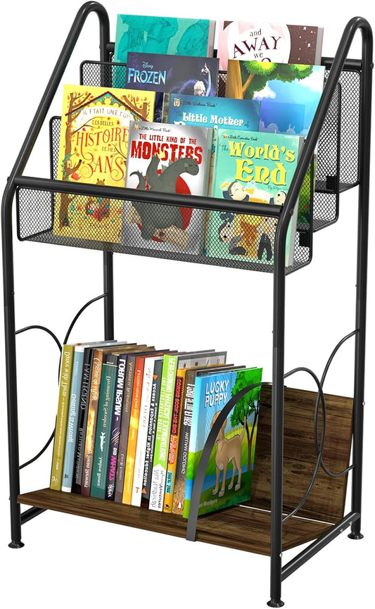 BOHDK Bookshelf, 4-Tier Metal & Wood Rolling Book Cart on Wheels, Record Cabinet for Book Magazine Turntable, Record Holder Up to 100 Albums, Multifunction Utility Cart, Black