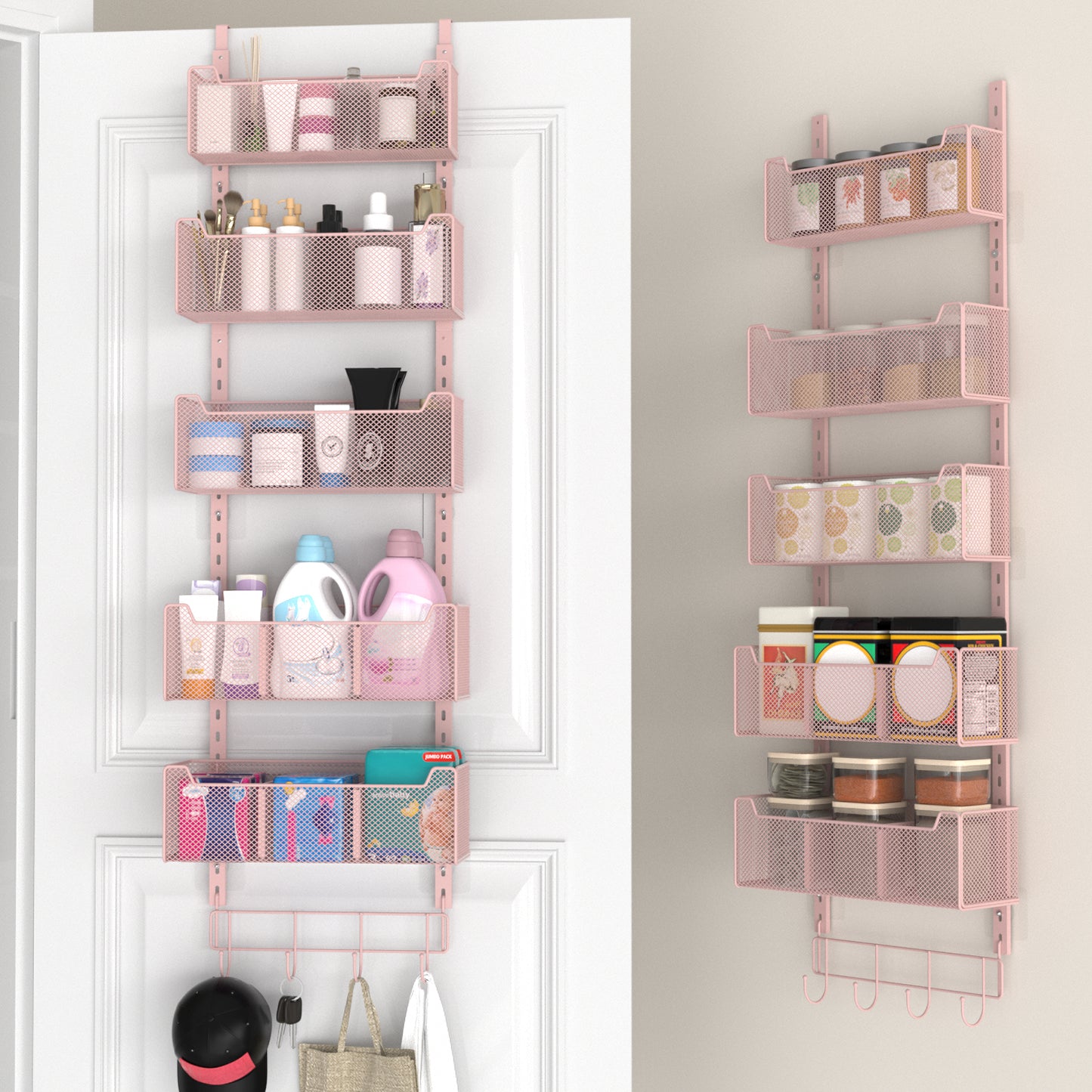 VyGrow Over The Door Organizer, Metal Door Organizer Hanging with 5 Adjustable Baskets and Coat Hook, Behind The Door Storage for Bedroom Closet Bathroom Pantry Cabinet Kitchen, Pink