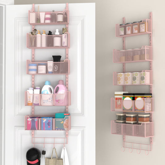 VyGrow Over The Door Organizer, Metal Door Organizer Hanging with 5 Adjustable Baskets and Coat Hook, Behind The Door Storage for Bedroom Closet Bathroom Pantry Cabinet Kitchen, Pink