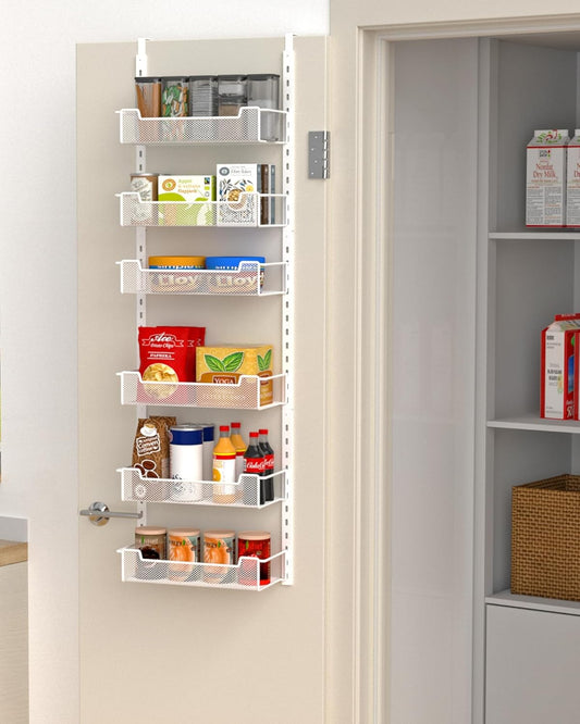 VyGrow 12.3" W Narrow Over the Door Pantry Organizer, 6-Tier Over the Door Organizer with Adjustable Basket, Pantry Door Organization for Pantry Kitchen Storage Room Spice Rack, White