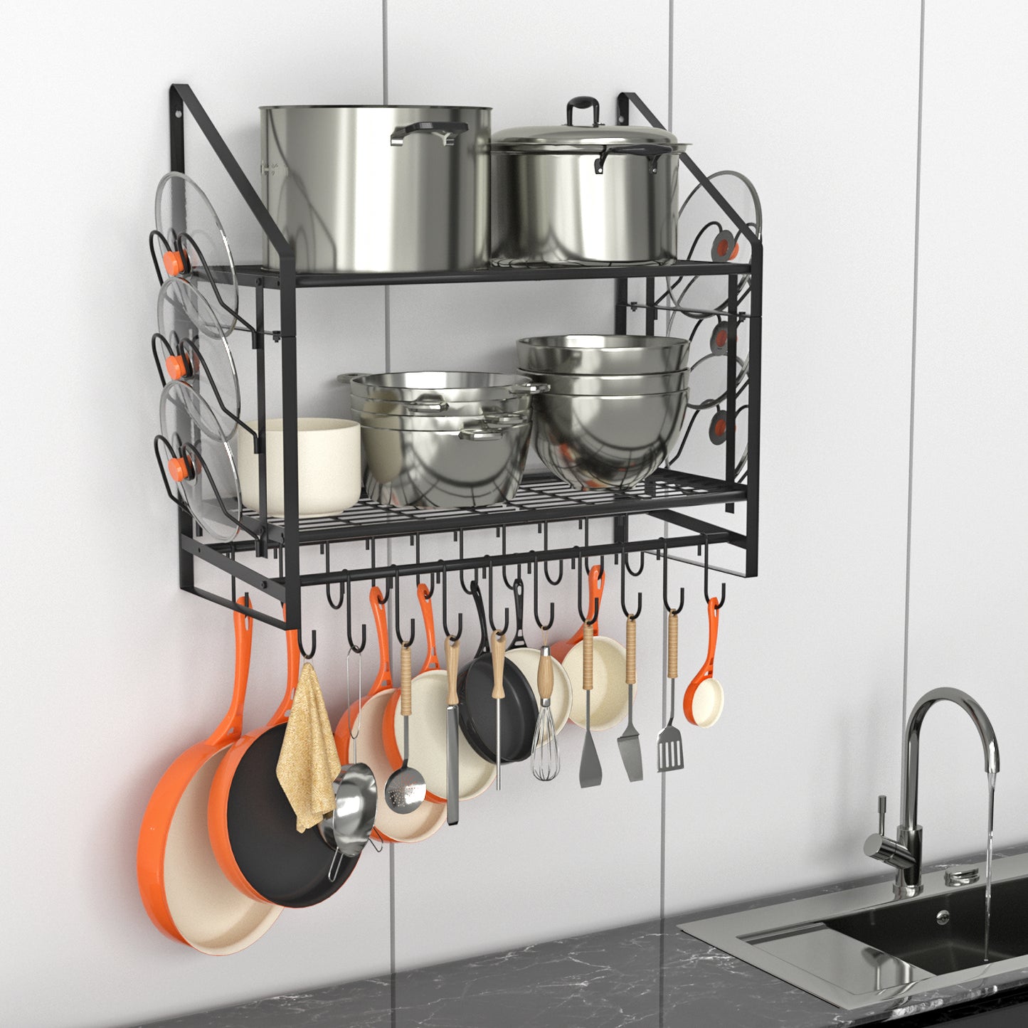 VyGrow 28 Inch Pot Rack Wall Mounted, 2 Tier Pots and Pans Organizer with 20 Hooks and 6 Pot Lid Holders, Heavy Duty Steel Pot and Pan Hanger for Kitchen Cookware Utensils Storage 34.7" Lx13 Wx26.4 H