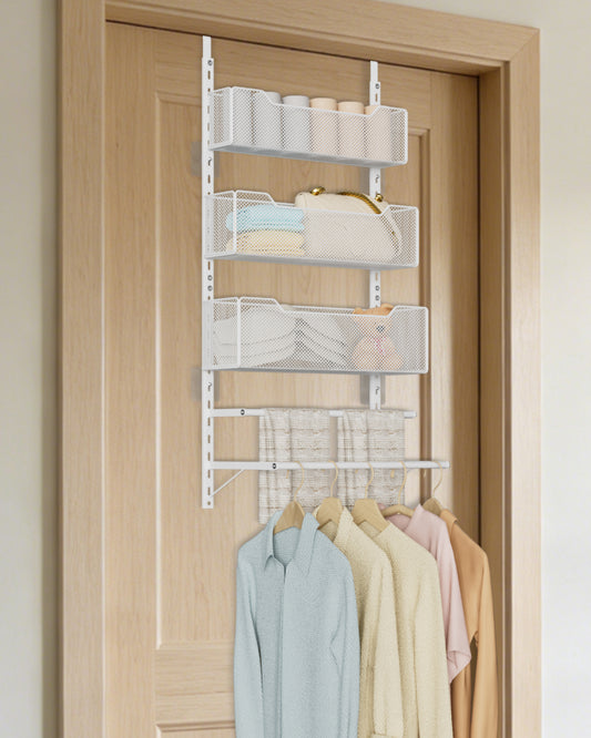 VyGrow Over The Door Clothes Hanging Rod with 3 Tier Mesh Baskets, Metal Over The Door Hanger for Coat, Clothes Drying Rack for Door for Laundry Bathroom Bedroom Office, White