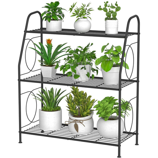VyGrow Plant Stand, 3 Tier Plant Shelf for Indoor Outdoor, Heavy Duty Metal Outdoor Plant Stand Holder Rack for Living Room Balcony and Garden, Iron Wire, Black