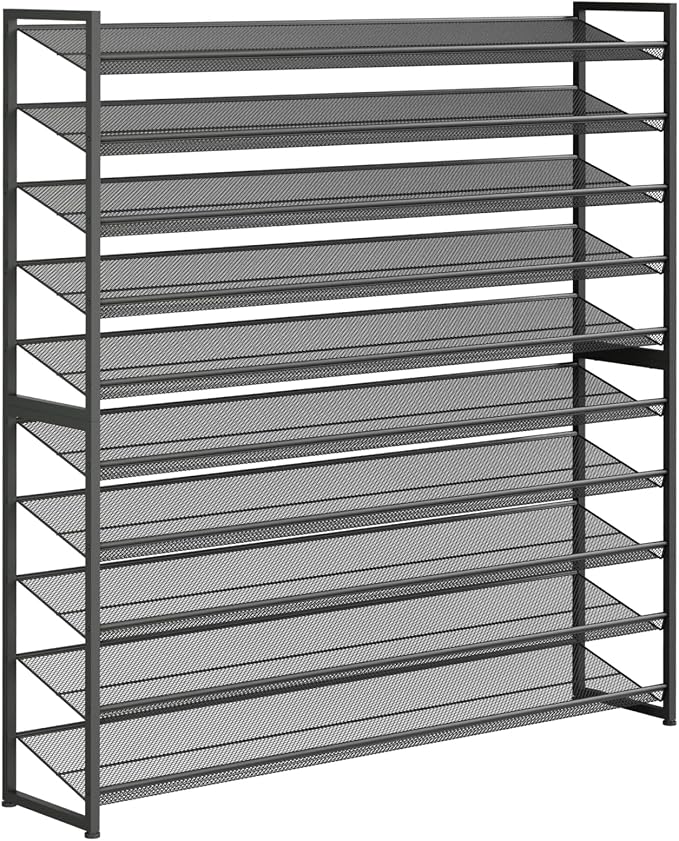 NEYCIL Large Shoe Rack 10 Tier Shoe Organizer, Heavy Duty Metal 5-Tier Stackable Shoe Storage Vertical Shoe Rack for Closet Front Door Entrance, Up to 62 Pairs, 44.8" W x 11.4" D x 71.2" H, Black