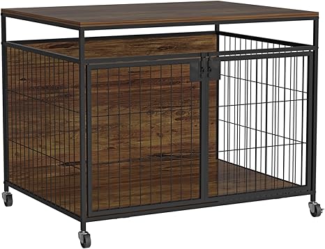 VyGrow Dog Crate Furniture for Large Dogs, Wooden Dog Kennel with Double Doors, Heavy Duty End Table Dog Crate for Dogs Indoor, Rotating Wheels or Foot Pads (39.4" L x 28.3" W x 31.7" H)