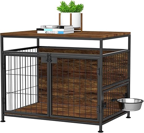 VyGrow Dog Crate Furniture with Wheels, 31" Heavy Duty Wooden Side End Table, Indoor Dog Kennel Furniture for Small/Medium Dog, Double Doors & 360 Degree Rotating Stainless Bowl 31" Lx21.6 Wx27.5 H