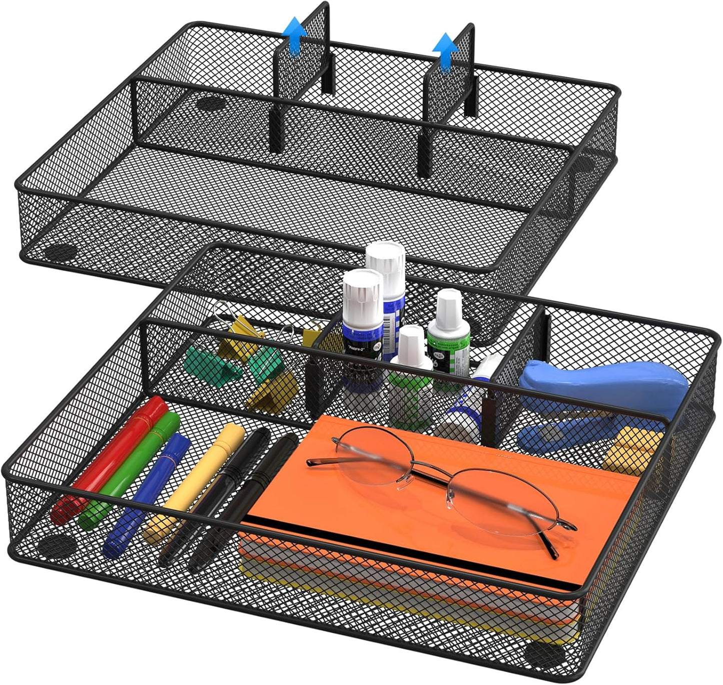 VyGrow Desk Drawer Organizer Tray, Metal Mesh Drawer Organizers Office, 4 Grid with Adjustable Compartment, Desk Organizer Tray for Home Office 12x10.6x1.9 inch Black, 2 Pack