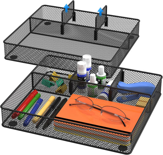 VyGrow Desk Drawer Organizer Tray, Metal Mesh Drawer Organizers Office, 4 Grid with Adjustable Compartment, Desk Organizer Tray for Home Office 12x10.6x1.9 inch Black, 2 Pack