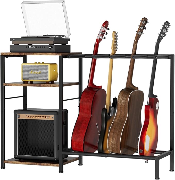 NEYCIL Guitar Stand for 4 Guitars, Adjustable Multiple Guitars Rack with Soft-Padded Protector for Acoustic, Electric, Bass & Ukulele, Guitar Display Stand with 3-tier Shelves for Amp & Vinyl Records