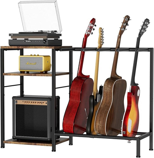 NEYCIL Guitar Stand for 4 Guitars, Adjustable Multiple Guitars Rack with Soft-Padded Protector for Acoustic, Electric, Bass & Ukulele, Guitar Display Stand with 3-tier Shelves for Amp & Vinyl Records