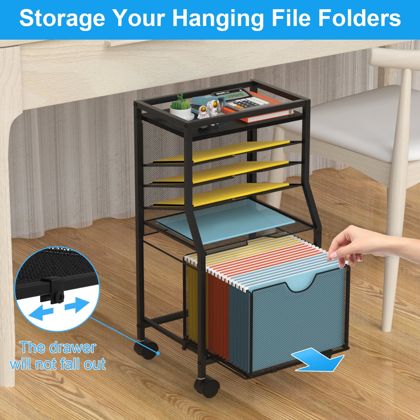 BOHDK Rolling File Cart, 6-Tier Desk File Organizer on Lockable Wheels, Black Wood Planks & Mesh Sliding Hanging Folder Drawer, Organization Cart for Office Home School