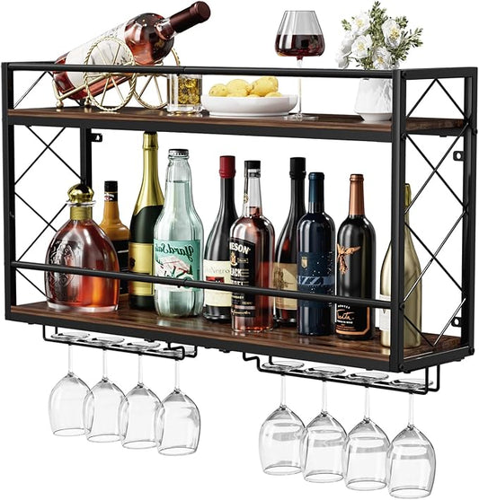 NEYCIL Wine Rack Wall Mounted 2 Tier Wall Wine Rack with Glass Holder, Double Layer Anti-Drop Crossbar, 31.5" Metal Wood Wall Mount Wine Holder for Home Kitchen Dining Room Coffee Shop Bar, Black