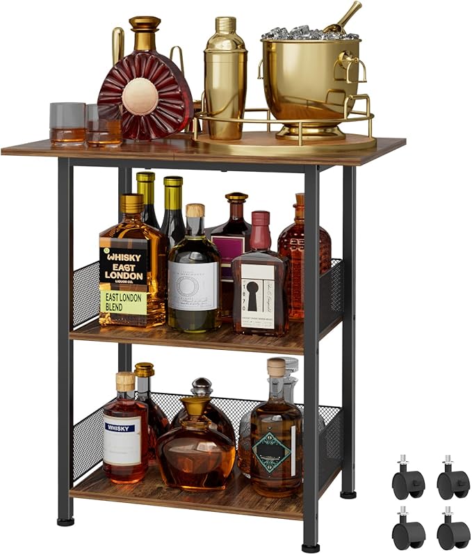 NEYCIL Freestanding Bar for Whiskey, 3-Tier Bar Cabinets Mini Bar Wine Table Whiskey Liquor Bottle Display Stand, Corner Cabinet for Kitchen, Dining Room, Living Room, Black