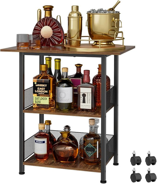 NEYCIL Freestanding Bar for Whiskey, 3-Tier Bar Cabinets Mini Bar Wine Table Whiskey Liquor Bottle Display Stand, Corner Cabinet for Kitchen, Dining Room, Living Room, Black