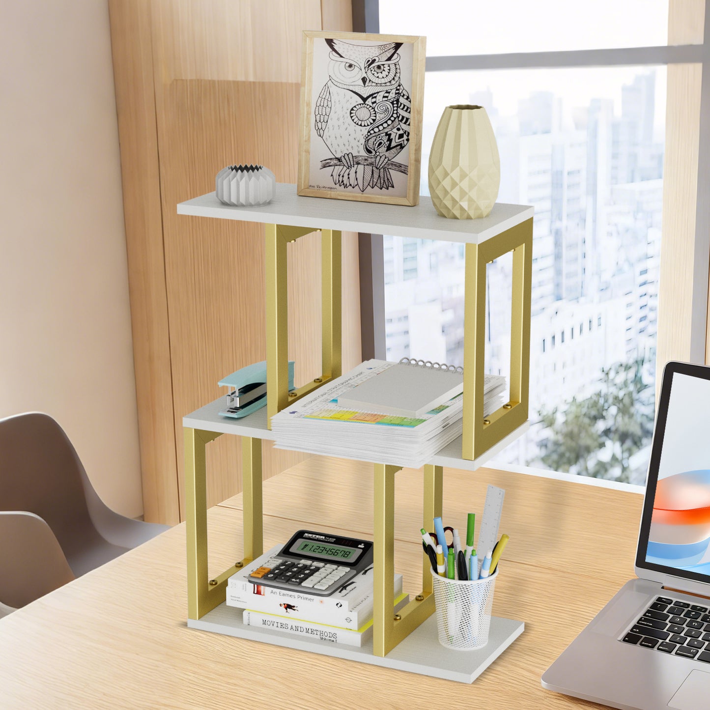 Book Shelf, 3-Tier Small Bookshelf for Desk Organizer Corner Bookshelf Table Top Shelving, White & Gold Decor Aesthetic Desk Hutch for Office Home Dorm