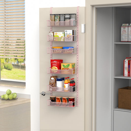 VyGrow 12.3" W Narrow Over the Door Pantry Organizer, 6-Tier Over the Door Organizer with Adjustable Basket, Pantry Door Organization for Pantry Kitchen Storage Room Spice Rack, Pink