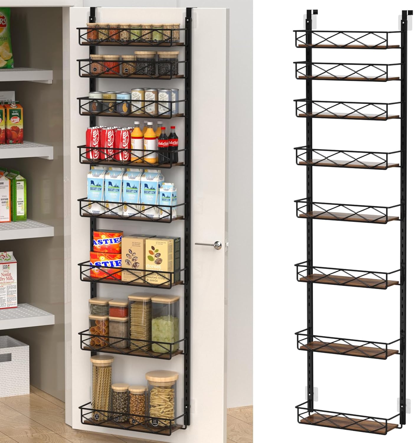 VyGrow Over The Door Pantry Organizer, 8-Tier Wood & Metal Over The Door Organizer with Adjustable Basket, Hanging Spice Rack, Door Organization and Storage for Kitchen Pantry Door Cabinet, Black