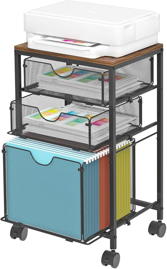 BOHDK Rolling File Cart with 3 Storage Drawers, Wood & Mesh Hanging File Folder Organizer with Wheels Under Desk, File Cabinets for Home Office, 11.81" D x 14.8" W x 25.39" H, Black