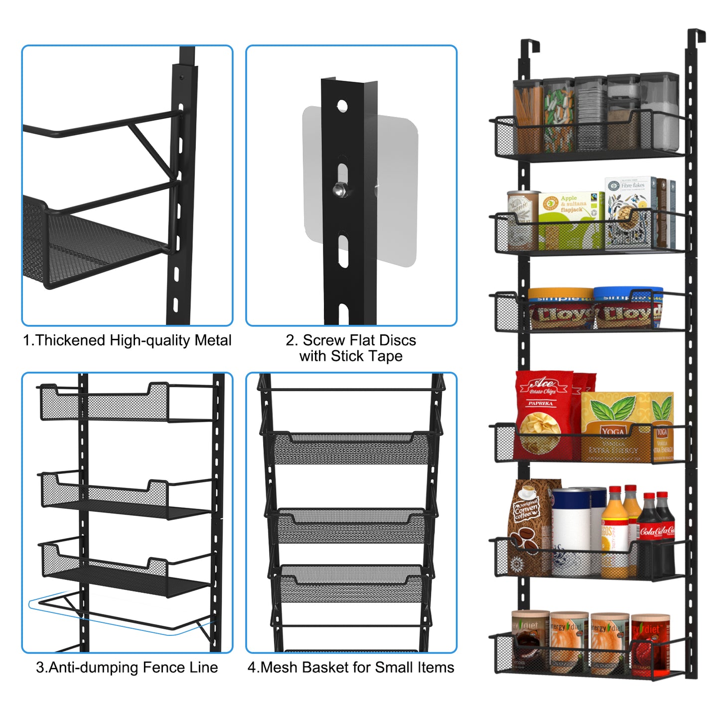 VyGrow 12.3" W Narrow Over the Door Pantry Organizer, 6-Tier Over the Door Organizer with Adjustable Basket, Pantry Door Organization for Pantry Kitchen Storage Room Spice Rack, Black