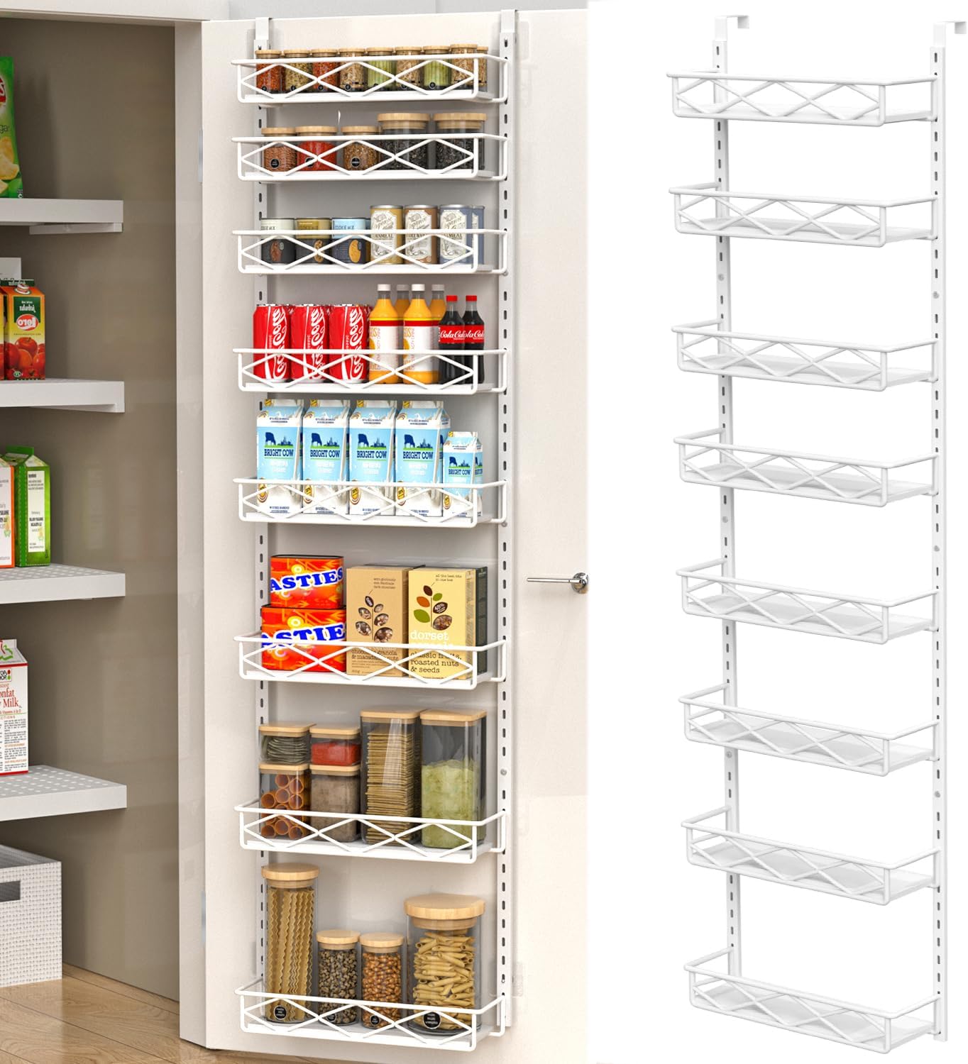 VyGrow Over The Door Pantry Organizer, 8-Tier Wood & Metal Over The Door Organizer with Adjustable Basket, Hanging Spice Rack, Door Organization and Storage for Kitchen Pantry Door Cabinet, White