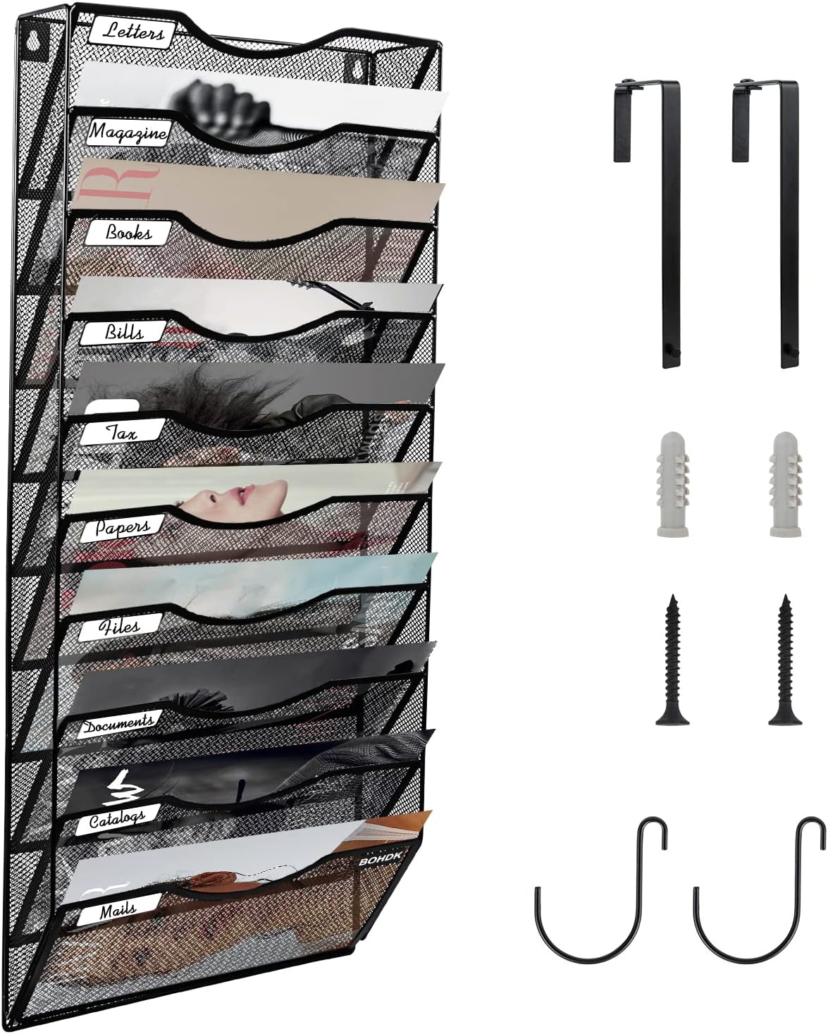 BOHDK Wall File Organizer, 10 Tire Hanging File Folder Mail Organizer, Vertical Mesh Metal Door/Wall Mount Hanging File Holder, Paper Document Magazine Rack with Hooks for Home Office Black