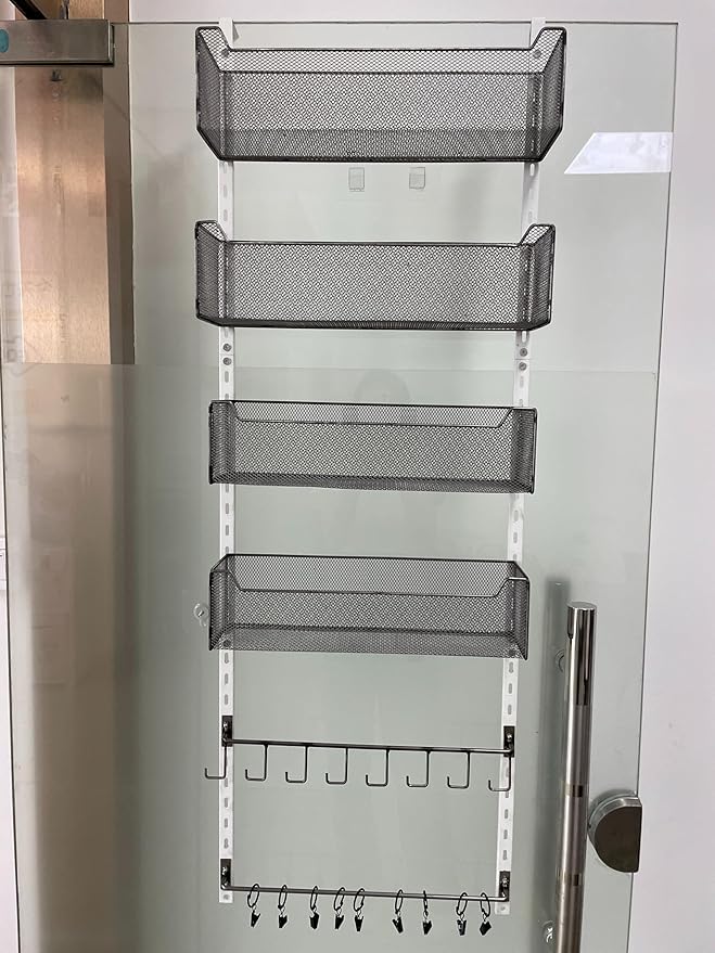 NEYCIL Over the Door Organizer, 2 in 1 Metal Hanging Closet Organizer & Hat Rack with 4 Adjustable Baskets, 8 Hooks, 10 Clips, Behind The Door Storage for Pantry, Closet, Bathroom, Bedroom, Kitchen, White