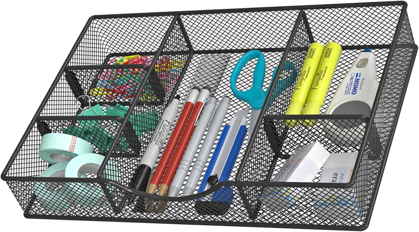 VyGrow Metal Mesh Desk Drawer Organizer Tray 6 Adjustable Compartment 12 x 8.26 x 1.96 inch Black