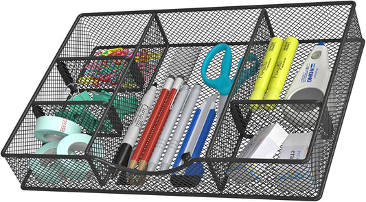 VyGrow Metal Mesh Desk Drawer Organizer Tray 6 Adjustable Compartment 12 x 8.26 x 1.96 inch Black