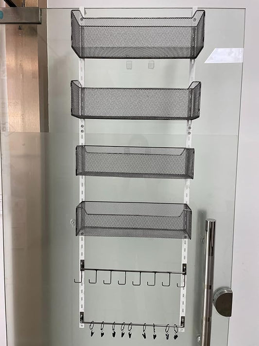 NEYCIL Over the Door Organizer, 2 in 1 Metal Hanging Closet Organizer & Hat Rack with 4 Adjustable Baskets, 8 Hooks, 10 Clips, Behind The Door Storage for Pantry, Closet, Bathroom, Bedroom, Kitchen, Black