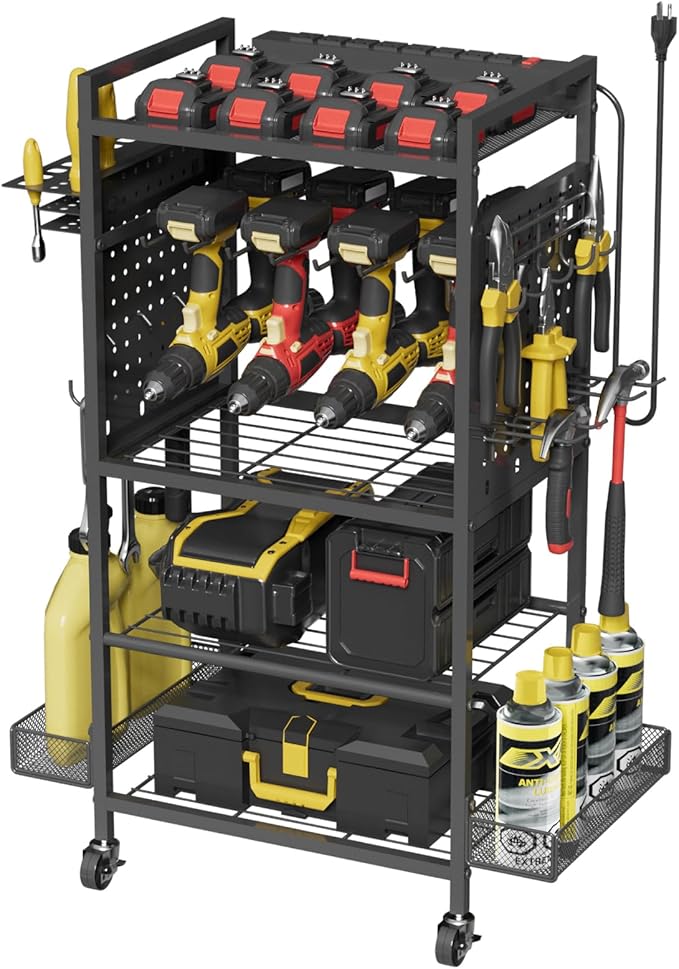 NEYCIL Power Tool Organizer Cart with Charging Station, Heavy Duty Garage Tool Organizer Rolling Tool Battery Storage with 8-Outlet Power Strip, 4 Wheels, 2 Hanging Baskets, 8 Hooks, Drill Bit Holder, Black