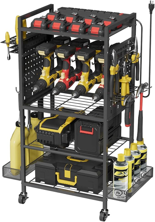 NEYCIL Power Tool Organizer Cart with Charging Station, Heavy Duty Garage Tool Organizer Rolling Tool Battery Storage with 8-Outlet Power Strip, 4 Wheels, 2 Hanging Baskets, 8 Hooks, Drill Bit Holder, Black