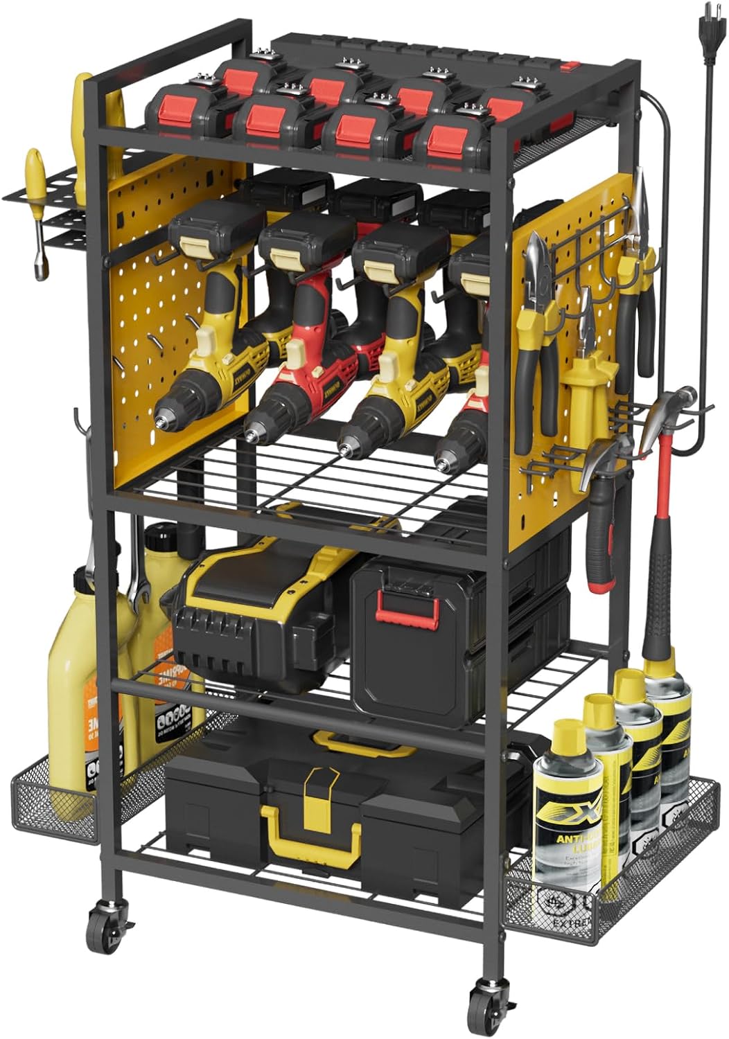 NEYCIL Power Tool Organizer Cart with Charging Station, Heavy Duty Garage Tool Organizer Rolling Tool Battery Storage with 8-Outlet Power Strip, 4 Wheels, 2 Hanging Baskets, 8 Hooks, Drill Bit Holder, Yellow