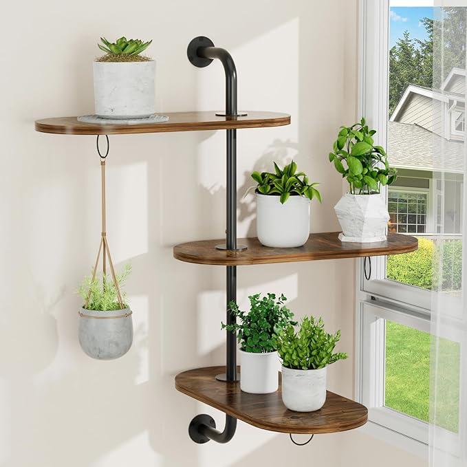 VyGrow Rotating Window Plant Shelves with 3 Anti-slip Mats, 3 Tier Plant Stand Indoor Outdoor, Wooden Window Plant Shelf with 3 Circle Hook, Hanging Plant Holder for Window, Potted Plants, Flowerpots