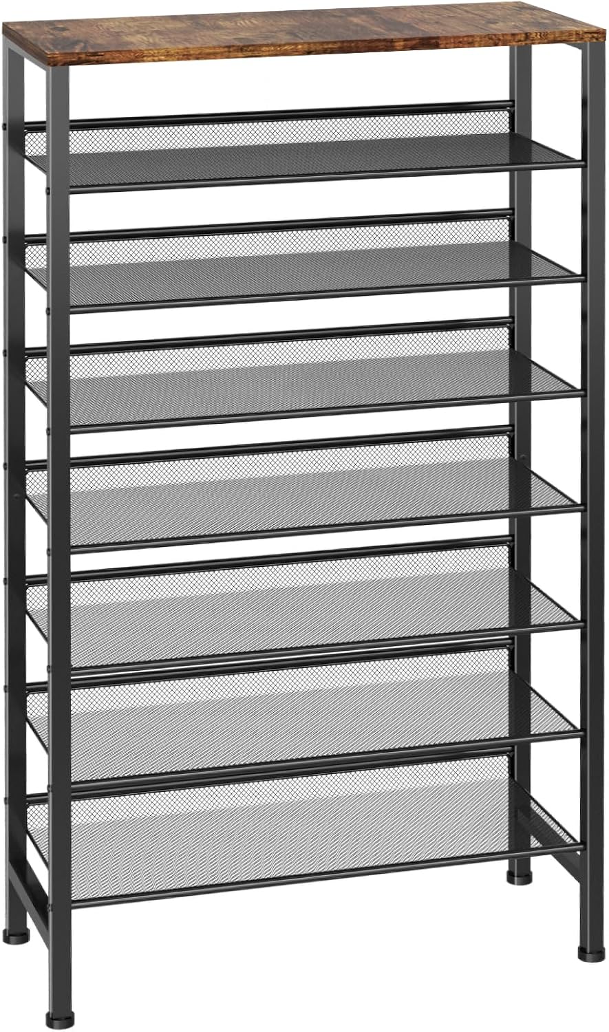 NEYCIL Large Shoe Rack 8 Tier Shoe Organizer, Heavy Duty Metal Shoe Storage Vertical Shoe Rack for Closet Front Door Entrance, Up to 28 Pairs, Top Wooden Storage Shelf, Black