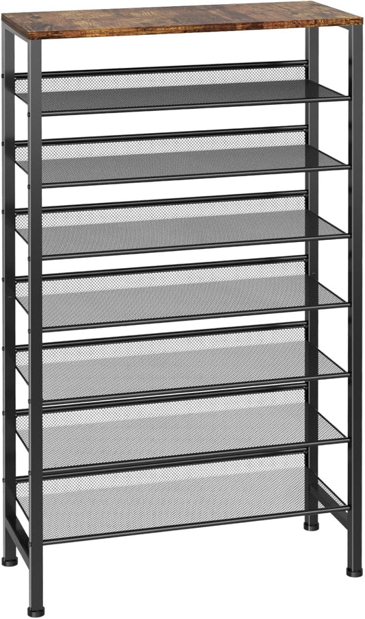 NEYCIL Large Shoe Rack 8 Tier Shoe Organizer, Heavy Duty Metal Shoe Storage Vertical Shoe Rack for Closet Front Door Entrance, Up to 28 Pairs, Top Wooden Storage Shelf, Black