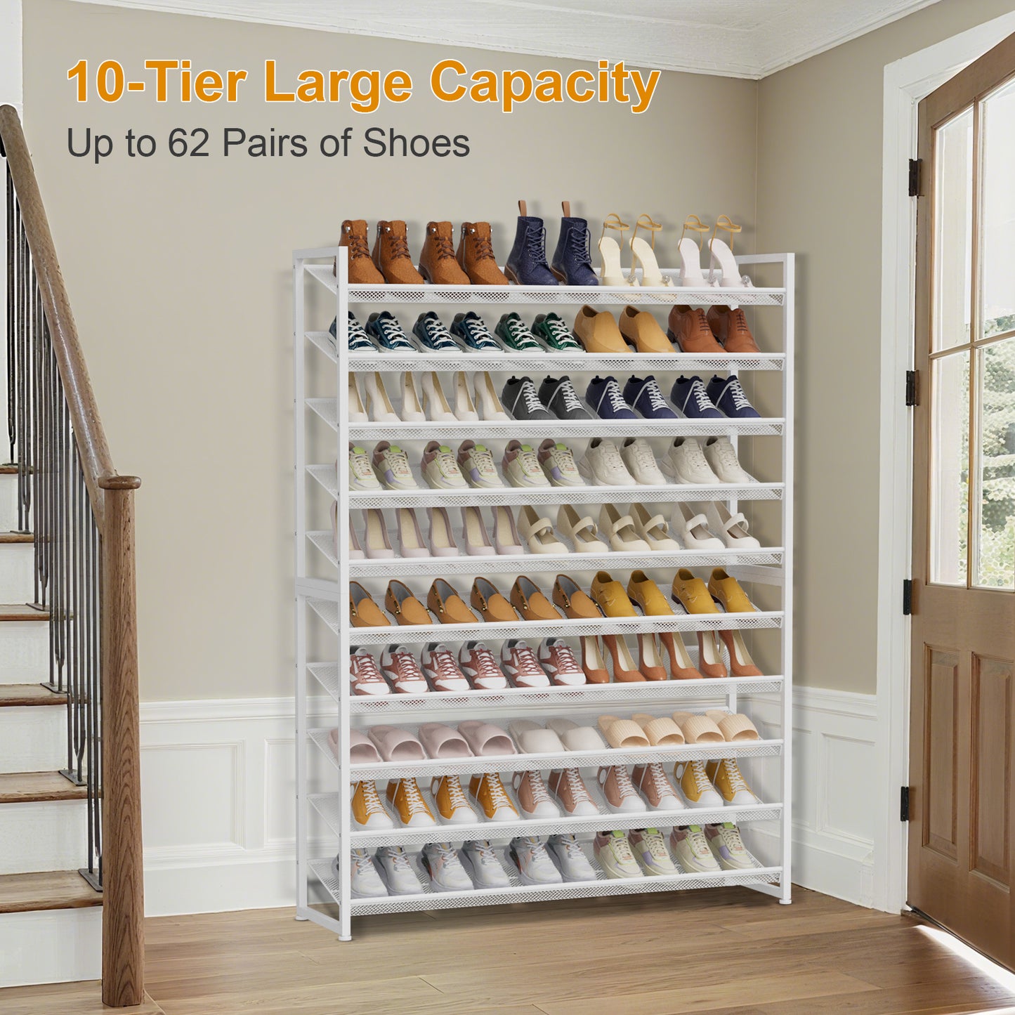 Large Shoe Rack 10 Tier Shoe Organizer, Heavy Duty Metal 5-Tier Stackable Shoe Storage Vertical Shoe Rack for Closet Front Door Entrance, Up to 62 Pairs, 44.8" W x 11.4" D x 71.2" H, White