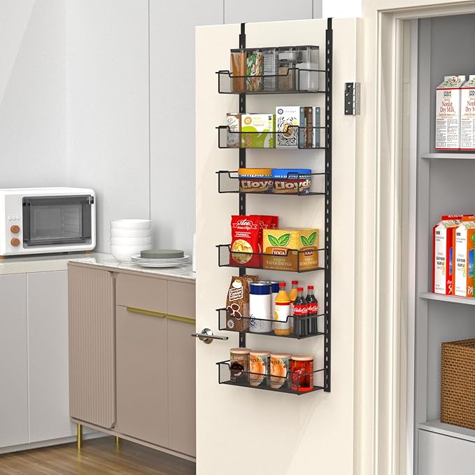 VyGrow 12.3" W Narrow Over the Door Pantry Organizer, 6-Tier Over the Door Organizer with Adjustable Basket, Pantry Door Organization for Pantry Kitchen Storage Room Spice Rack, Black