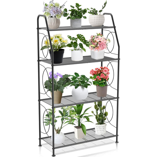 VyGrow Plant Stand, 4 Tier Plant Shelf for Indoor Outdoor, Heavy Duty Metal Tall Plant Stands Holder Rack for Living Room Balcony and Garden, Black