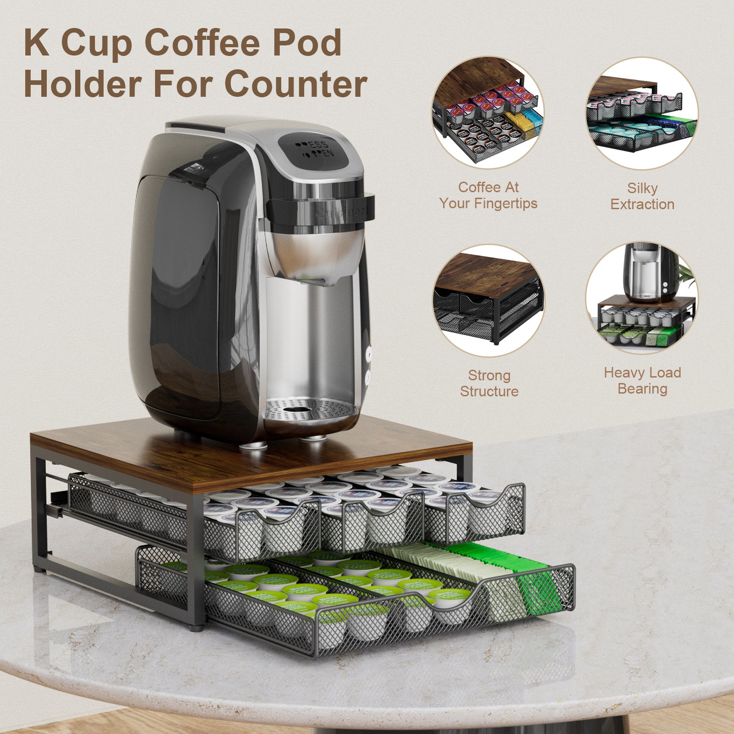 Coffee Pod Holder For Counter, 3 Pull-Out 72 K-Cup Holder Drawer, Wooden Cafe Pods Storage Organizer with Sliding Drawers for Coffee Station, Home, Kitchen, Office, Dorm (Antique Finish)