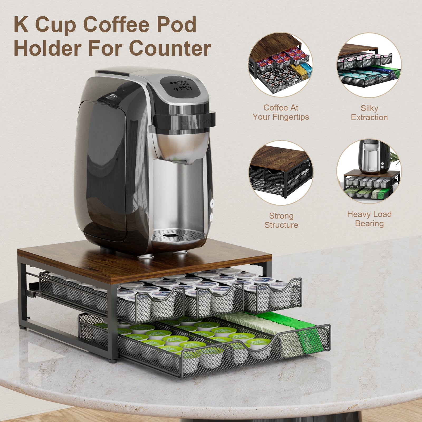 Coffee Pod Holder For Counter, 3 Pull-Out 72 K-Cup Holder Drawer, Wooden Cafe Pods Storage Organizer with Sliding Drawers for Coffee Station, Home, Kitchen, Office, Dorm (Antique Finish)