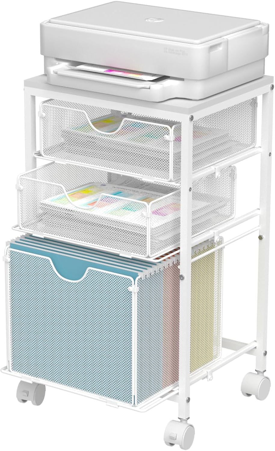 BOHDK Rolling File Cart with 3 Storage Drawers, Wood & Mesh Hanging File Folder Organizer with Wheels Under Desk, File Cabinets for Home Office, 11.81" D x 14.8" W x 25.39" H, White