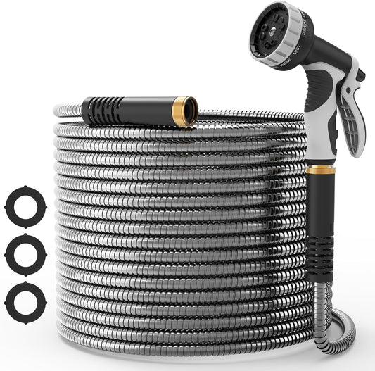 NEYCIL Stainless Steel Garden Hose 50ft, Heavy-Duty Water Hose with 10 Function Nozzle, Puncture Proof, No-Tangle, No-Kink, Garden Hose for Yards, Car Washing & Outdoor Cleaning